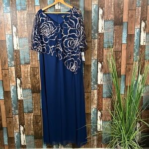 SLNY 16W Navy maxi dress with mesh and sparkle shawl